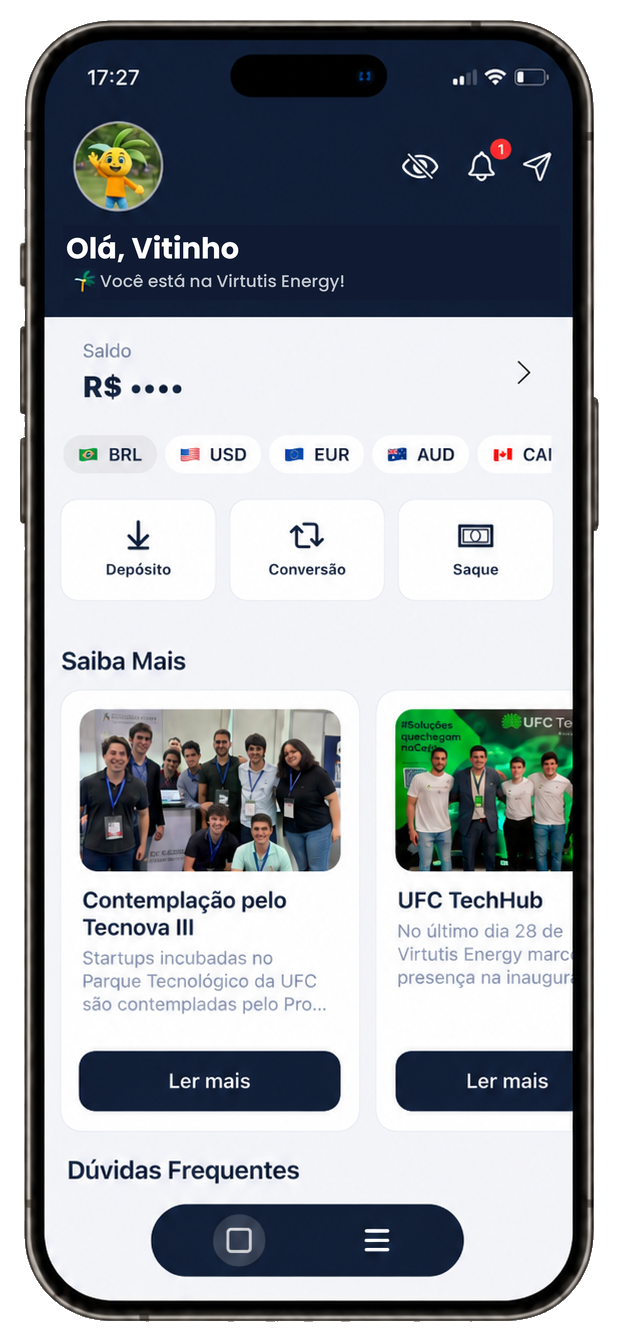 Tela do aplicativo da Virtutis Energy em um smartphone